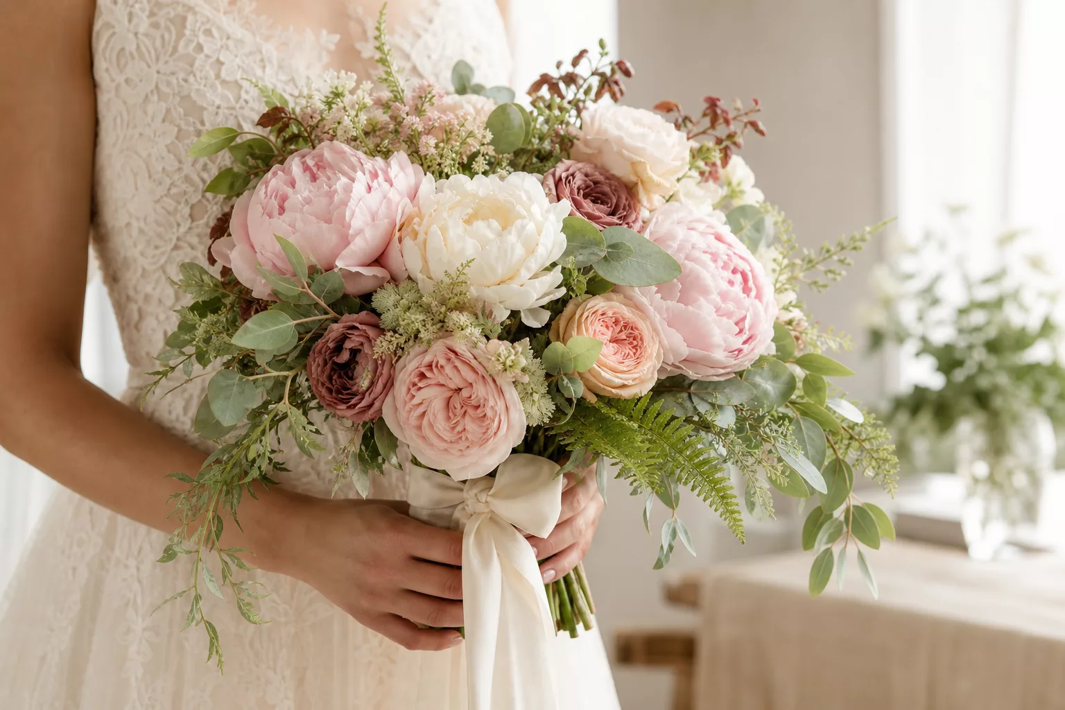 Brautstrauß Garden-Style 2026 in Blush und Creme, von Händen gehalten