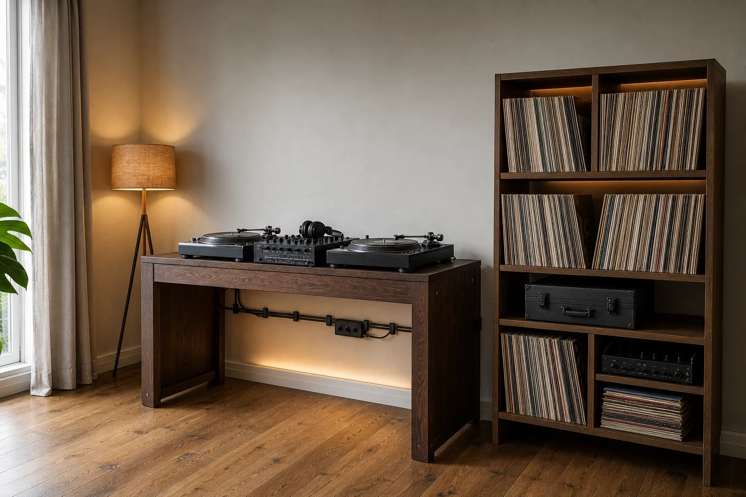 Aufgeräumte DJ-Ecke im Wohnzimmer mit Regal und Stauraum