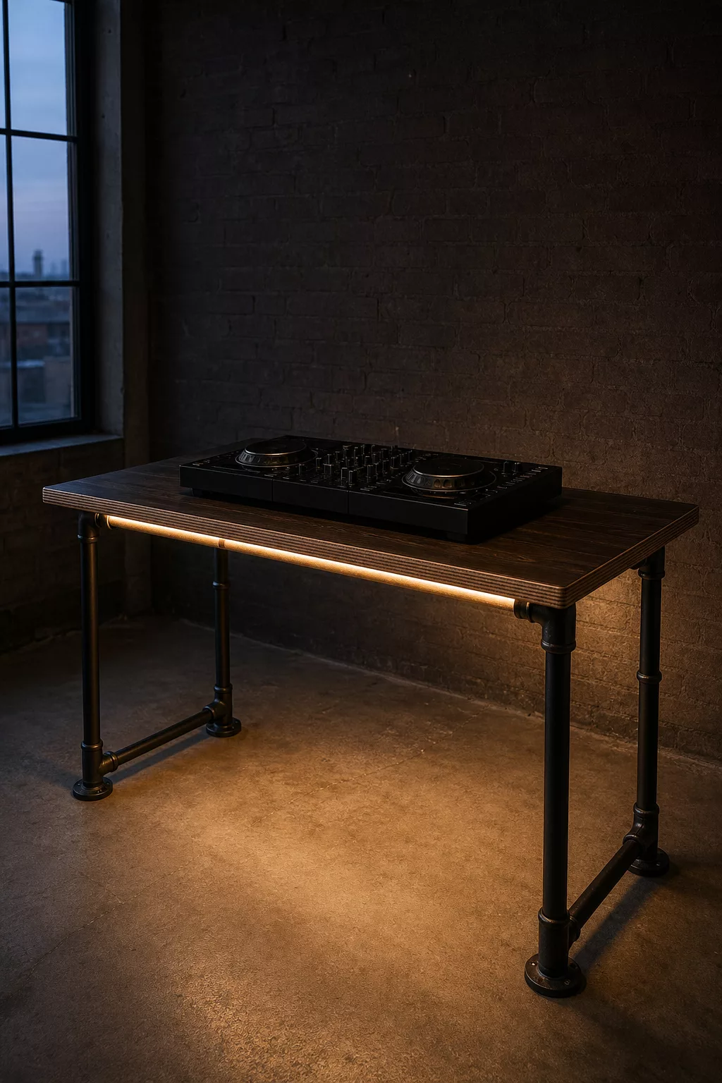 Minimalistisches DJ-Pult im Industrial-Stil mit LED-Beleuchtung