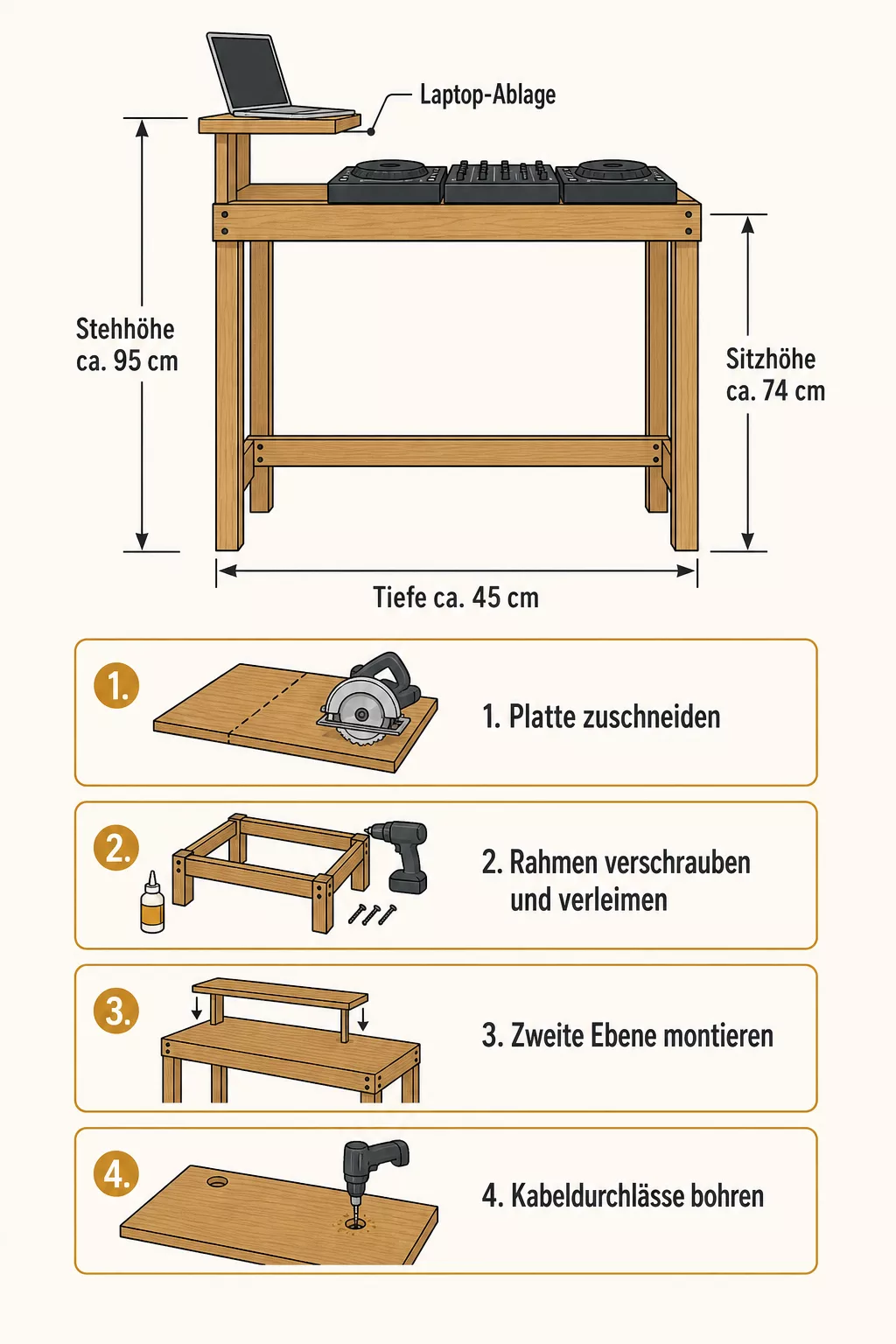 Infografik mit Maßen und Bauschritten für einen DJ-Tisch