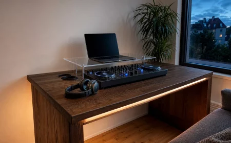 Moderner DJ-Tisch mit Controller und Laptop in gemütlicher Wohnecke