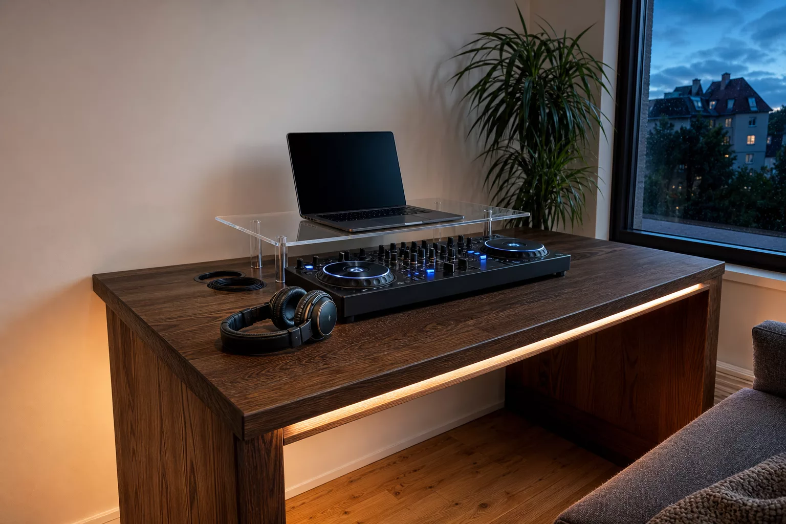 Moderner DJ-Tisch mit Controller und Laptop in gemütlicher Wohnecke