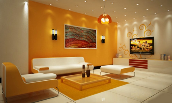 eigenartige-beleuchtungsideen-für-wohnzimmer-akzentwand in orange