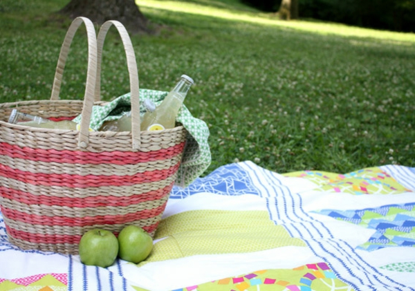 ein-korb-auf-einer-picknick-decke- zwei grüne äpfel daneben