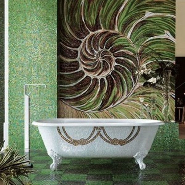 einmaliges-bad-mit-mosaikfliesen- elegante freistehende badewanne