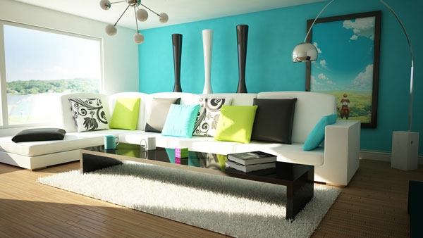 farbideen-wohnzimmer-azurblauw-wandfarbe-weißer-teppich