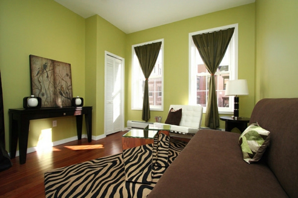 grüntöne-wandfarbe-braunes-sofa-und-zebra-teppich-auf-dem-holzboden