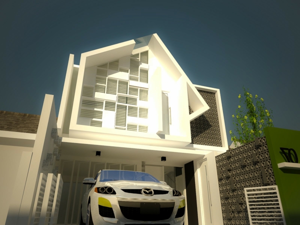 moderne-fassade-für-häuser-foto-von-unten-genommen- ein schönes auto in weiß