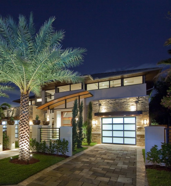 moderne-fassade-für-häuser-mit-einer-großen-palme- foto in der nacht