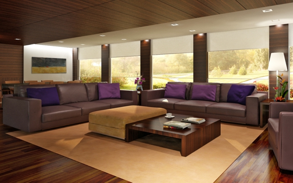 modernes-zimmer-sofakissen-in-lila-auf-dem-luxuriösen-sofa- deckenleuchten