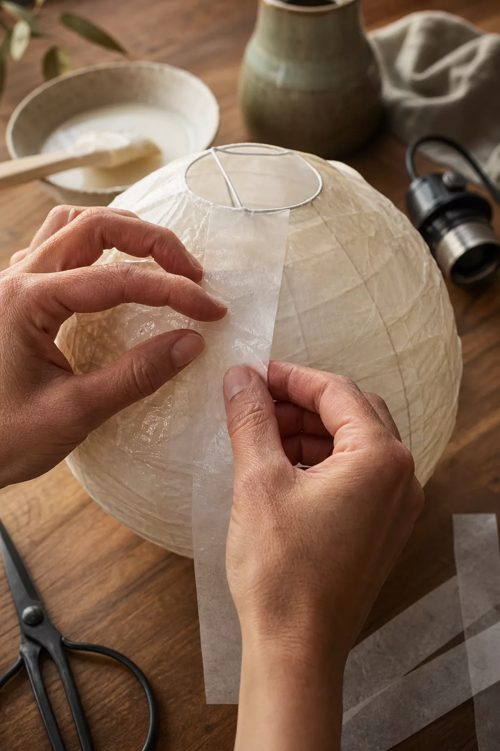 Hände kleben Reispapierstreifen auf eine runde Ballon-Grundform für eine DIY-Lampe
