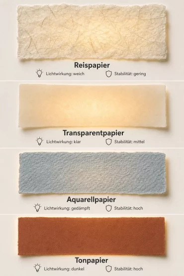 Grafik vergleicht vier Papierarten für DIY-Lampenschirme nach Lichtwirkung und Stabilität