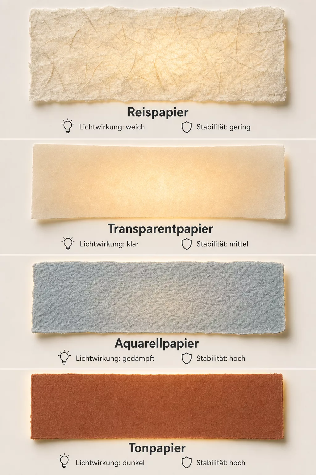 Grafik vergleicht vier Papierarten für DIY-Lampenschirme nach Lichtwirkung und Stabilität