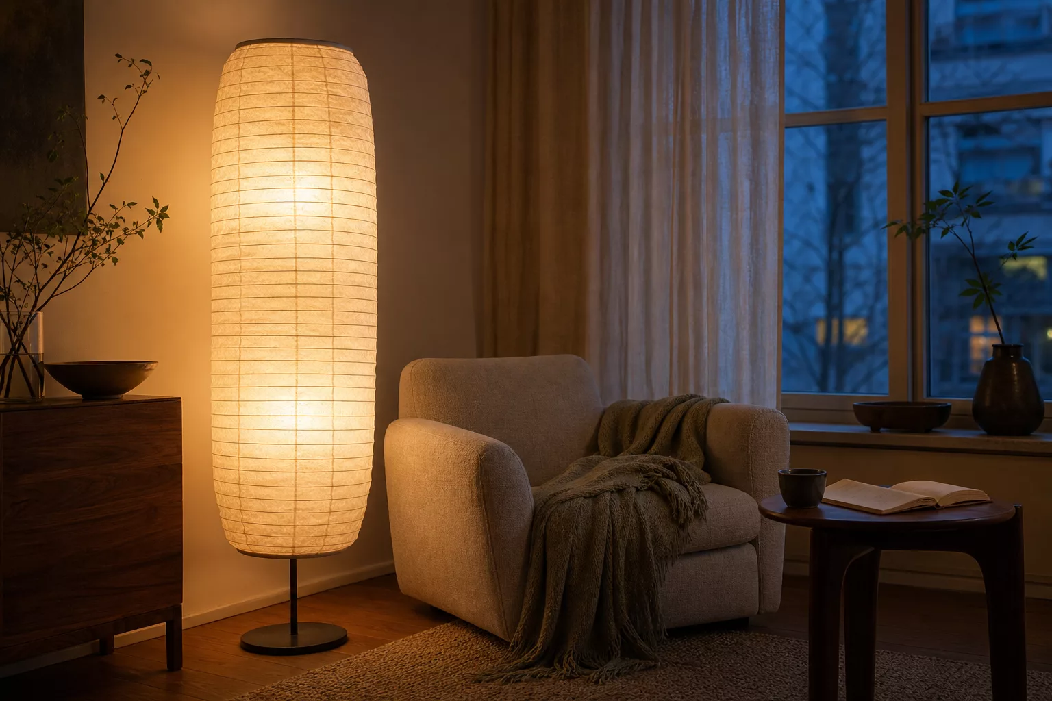 Stehlampe aus Papier neben einem gemütlichen Lesesessel am Fenster