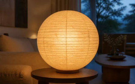 Große runde Papierleuchte spendet warmes Licht im Japandi-Wohnzimmer am Abend