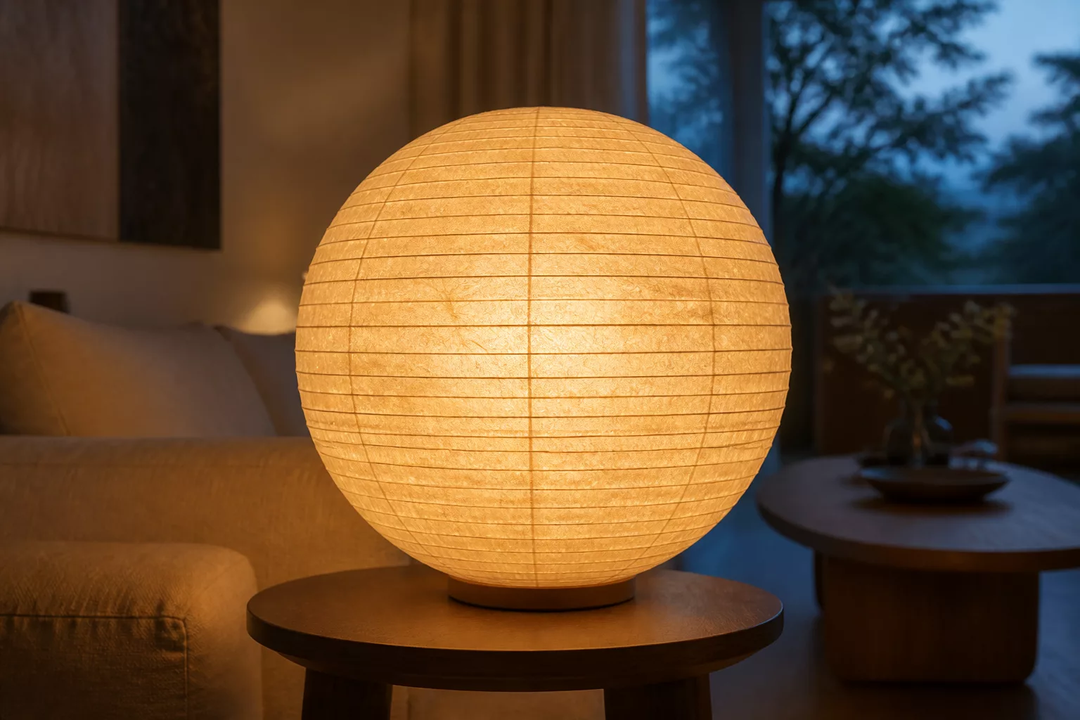 Große runde Papierleuchte spendet warmes Licht im Japandi-Wohnzimmer am Abend