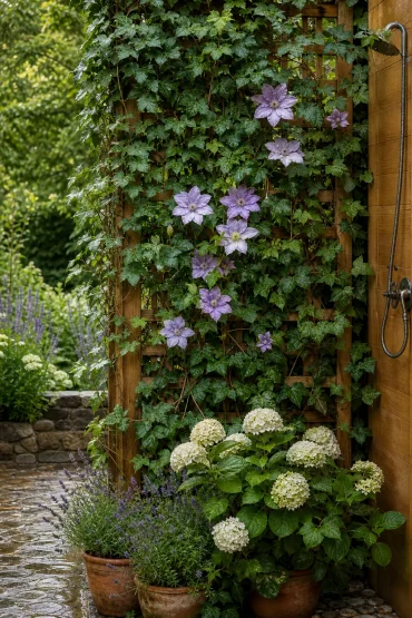 Rankgitter mit Kletterpflanzen als lebender Sichtschutz neben der Gartendusche