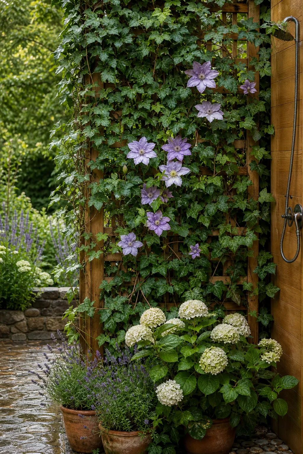 Rankgitter mit Kletterpflanzen als lebender Sichtschutz neben der Gartendusche