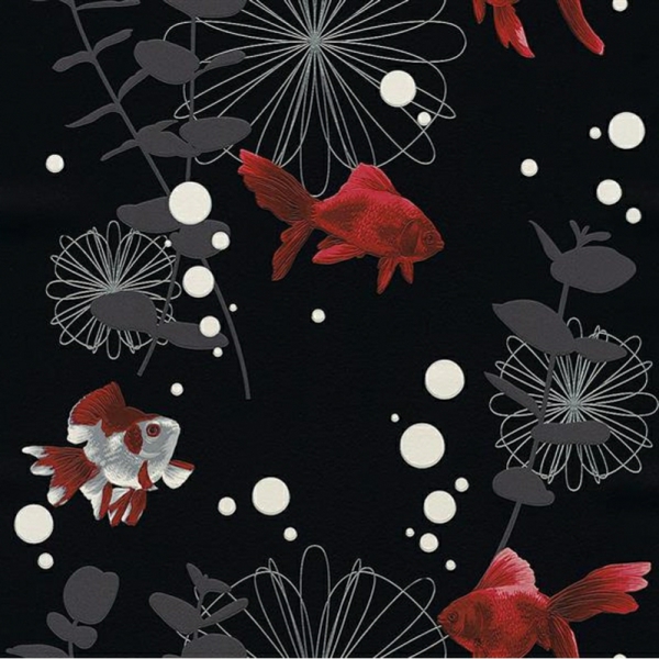 schwarz-graue-abwaschbare-tapete-mit-roten-Fischen