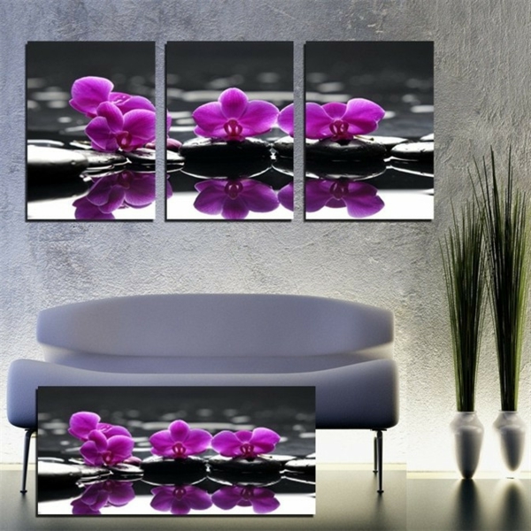 schöne-deko-mit-orchideen-lila-farbe- bilder an der wand