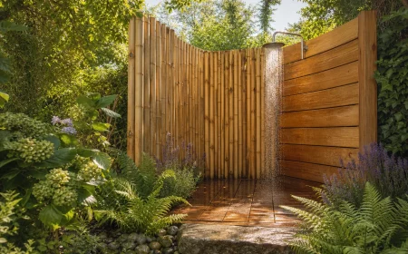 Sichtschutz für Gartendusche aus Bambus und Holz in sonniger Gartenecke