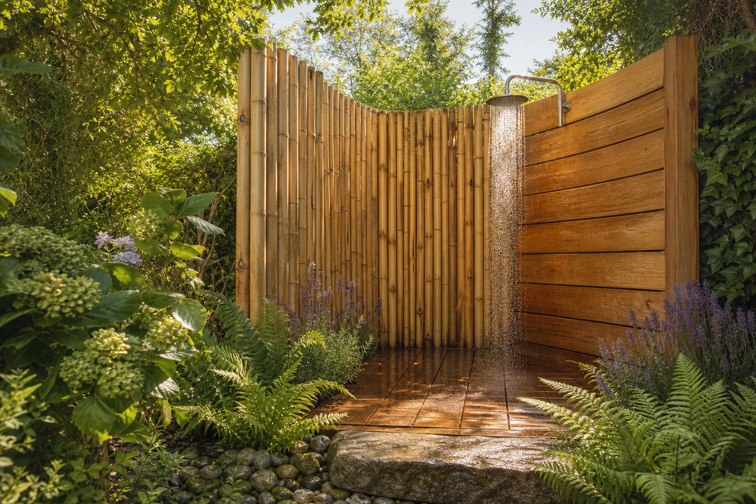Sichtschutz für Gartendusche aus Bambus und Holz in sonniger Gartenecke