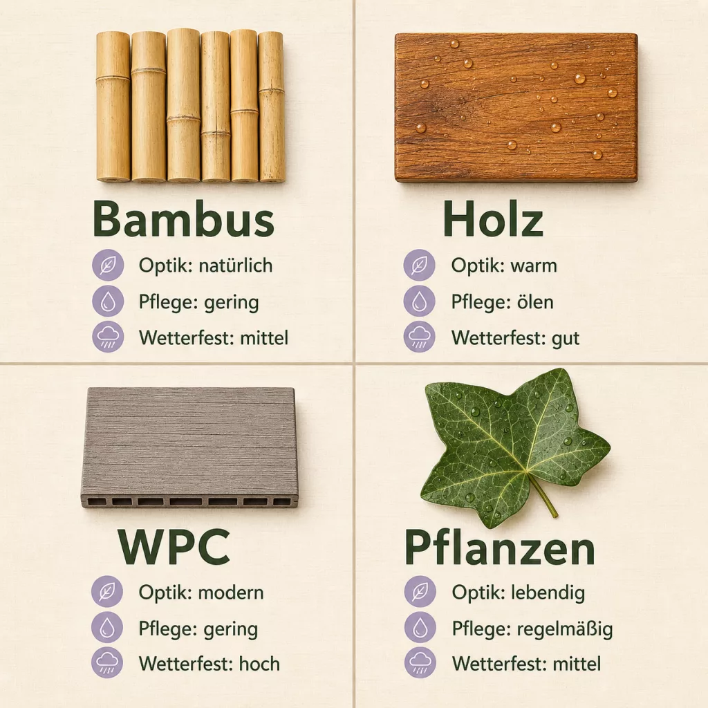 Infografik Materialvergleich Sichtschutz für Gartendusche: Bambus, Holz, WPC, Pflanzen
