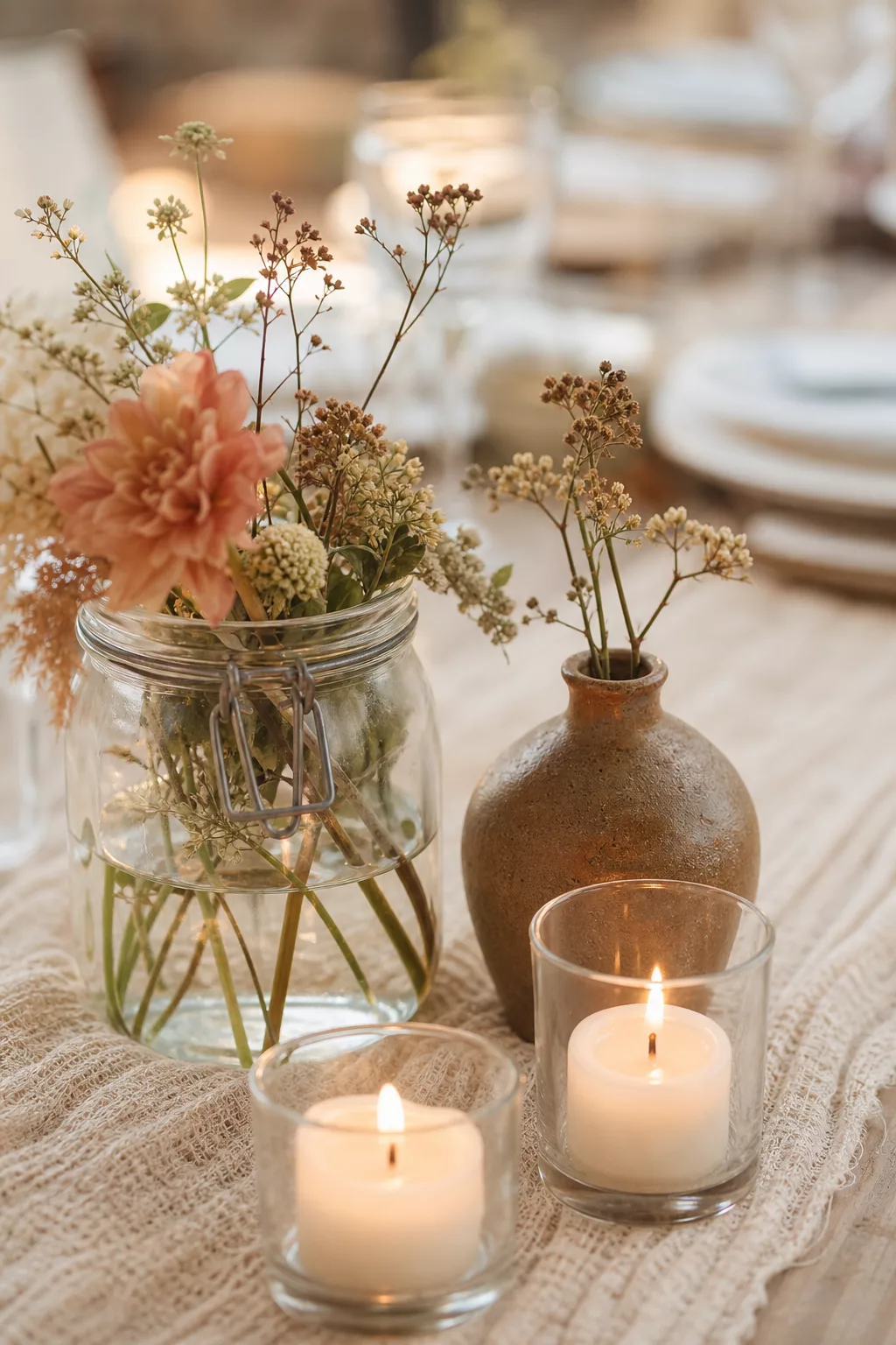 Weckglas-Vase und Kerzen als Detail eines Hochzeitsgestecks