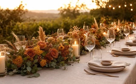 Niedrige Tischgestecke für Hochzeit auf einer langen, festlich gedeckten Sommertafel