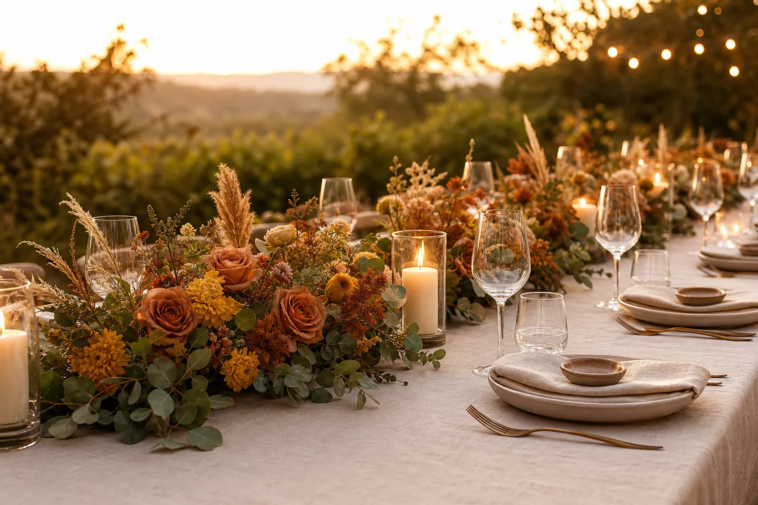 Niedrige Tischgestecke für Hochzeit auf einer langen, festlich gedeckten Sommertafel