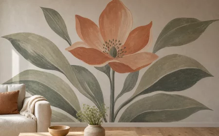 Wandmalerei Ideen: großes botanisches Wandbild in erdigen Farben im Wohnzimmer