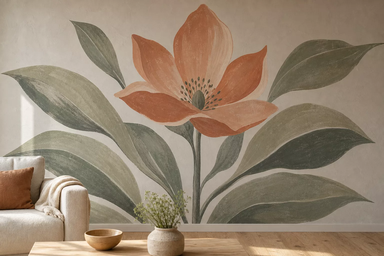 Wandmalerei Ideen: großes botanisches Wandbild in erdigen Farben im Wohnzimmer