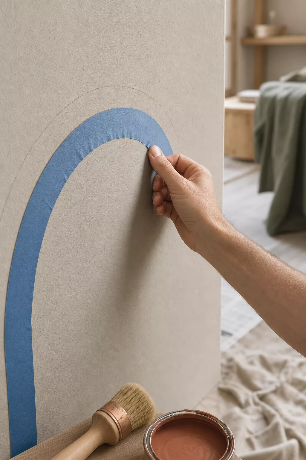 Hand klebt mit Malerband die Kontur eines Bogens auf einer Wand ab