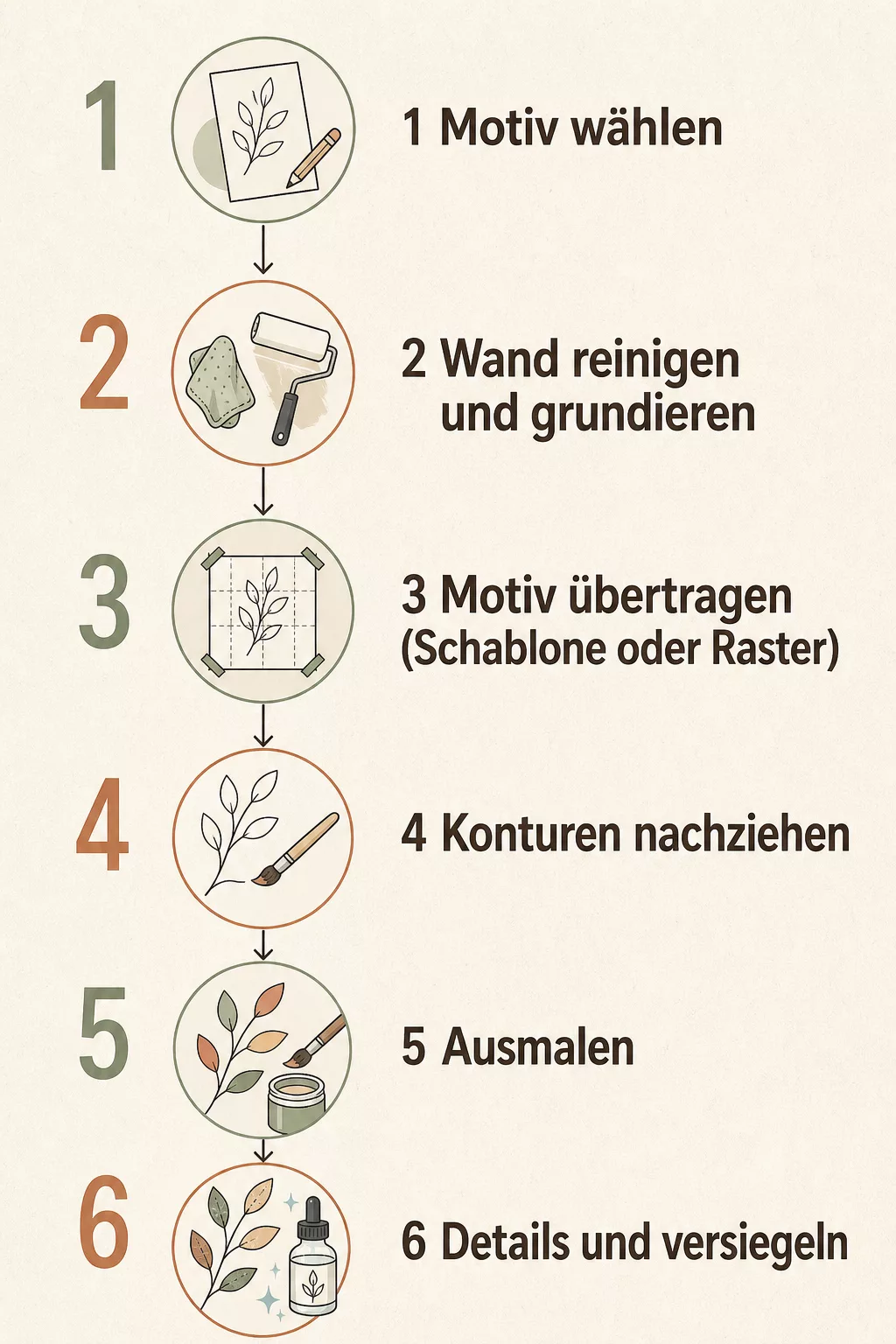 Grafik zeigt sechs Schritte vom Motiv wählen bis zum Versiegeln