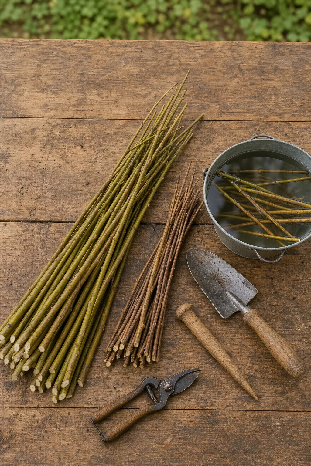 Frische Weidenruten, Korbweide und Gartenwerkzeug für den Weidenzaun als Flatlay
