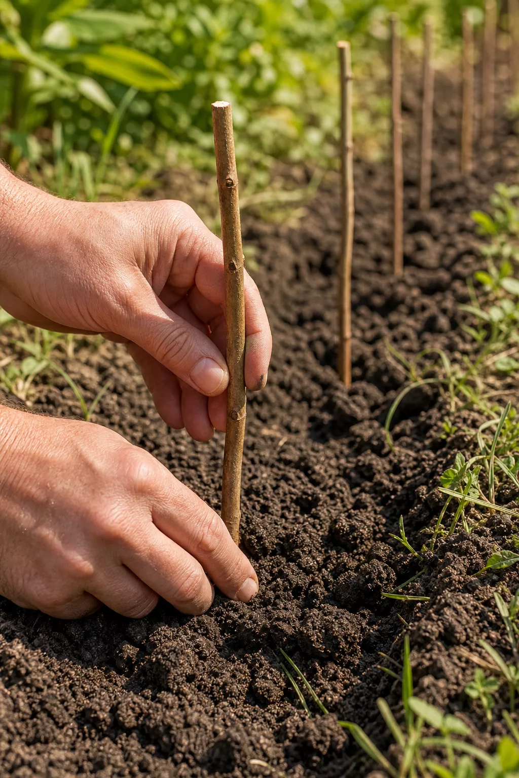 Weidenzaun selber machen: Hände stecken eine Weidenrute in aufgelockerte Gartenerde
