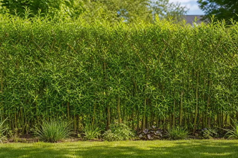 Weidenzaun selber machen: dichter grüner lebender Weidenzaun als Sichtschutz im Garten