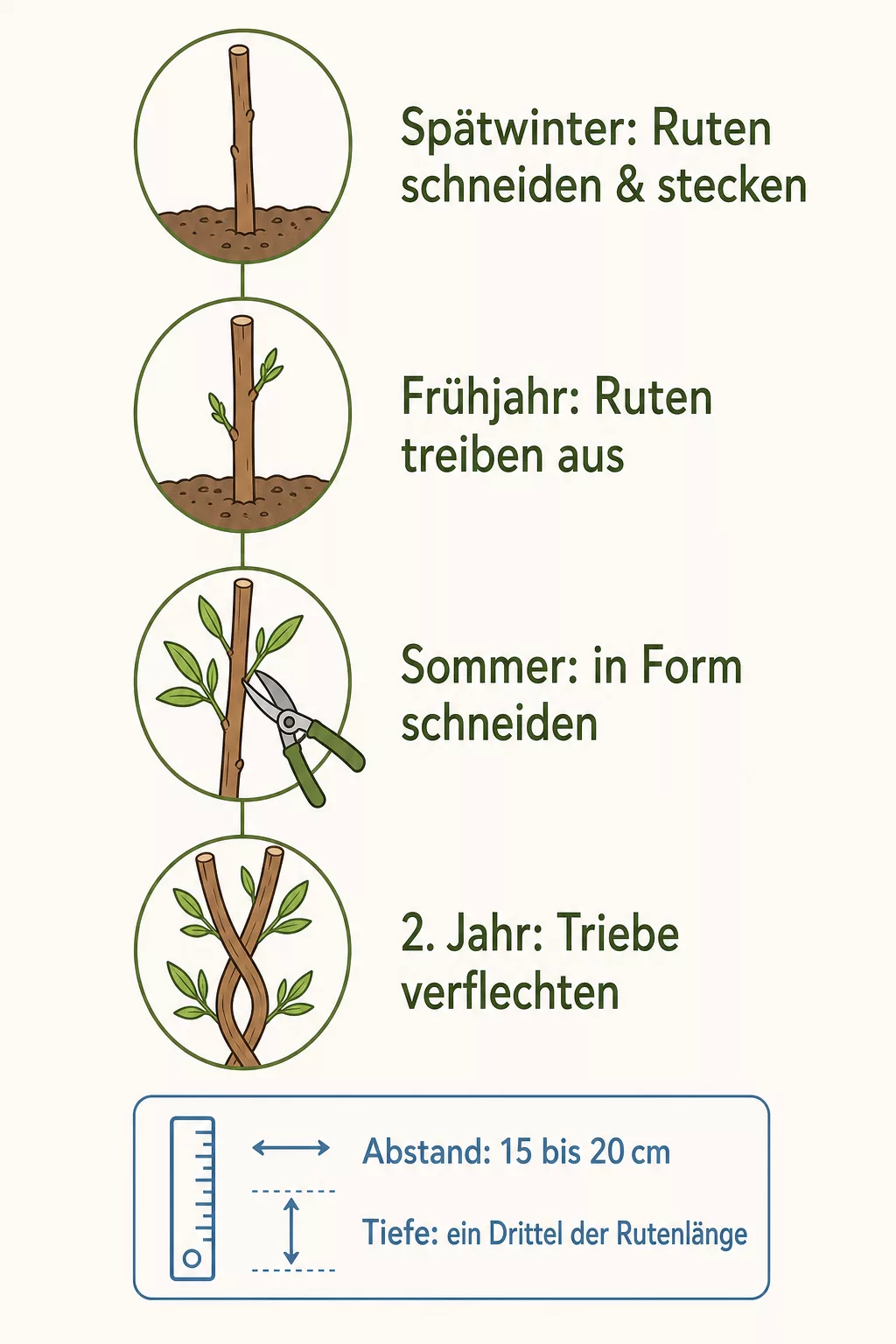 Weidenzaun selber machen: Zeitplan und Steckschritte mit Abstand und Tiefe als Grafik