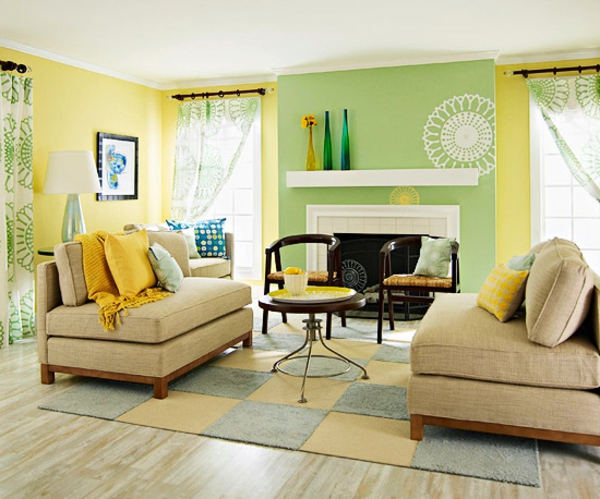 wohnzimmer-farbgestaltung-gelb-grün-kombination-teppich