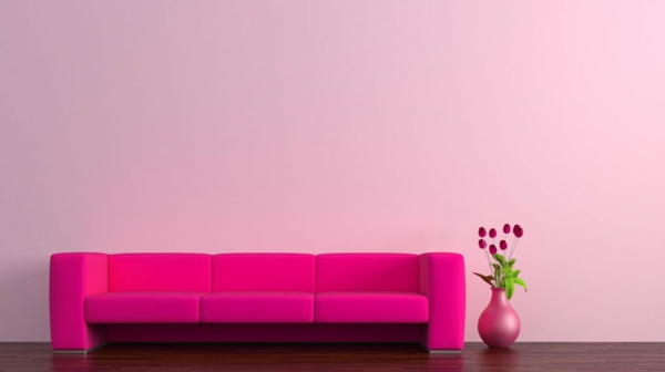 wohnzimmer-mit-schöner-wandfarbe-pink- sofa mit rosen daneben