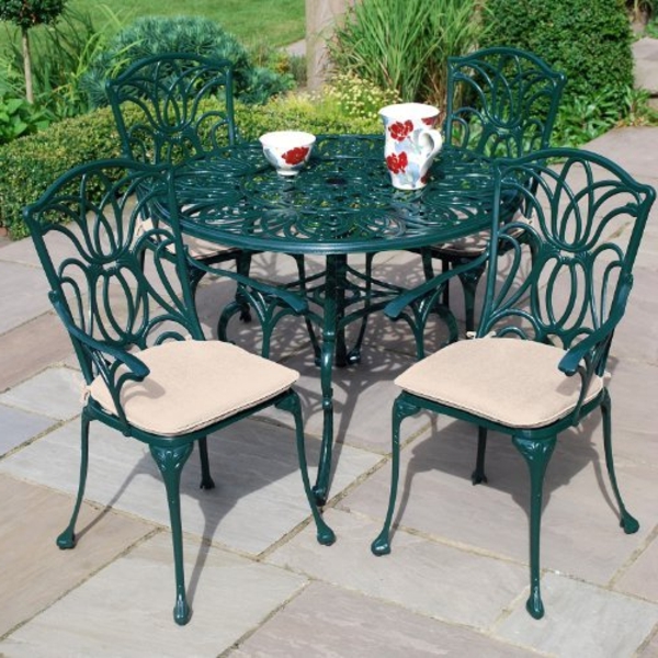 Metall- Gartenstühle-Tiefgrün-mit-Tisch-grün
