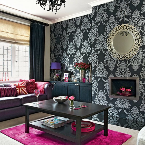 Wohnideen-Wohnzimmer-schwarz-gemustert-rosa-modern - hölzerner nesttisch