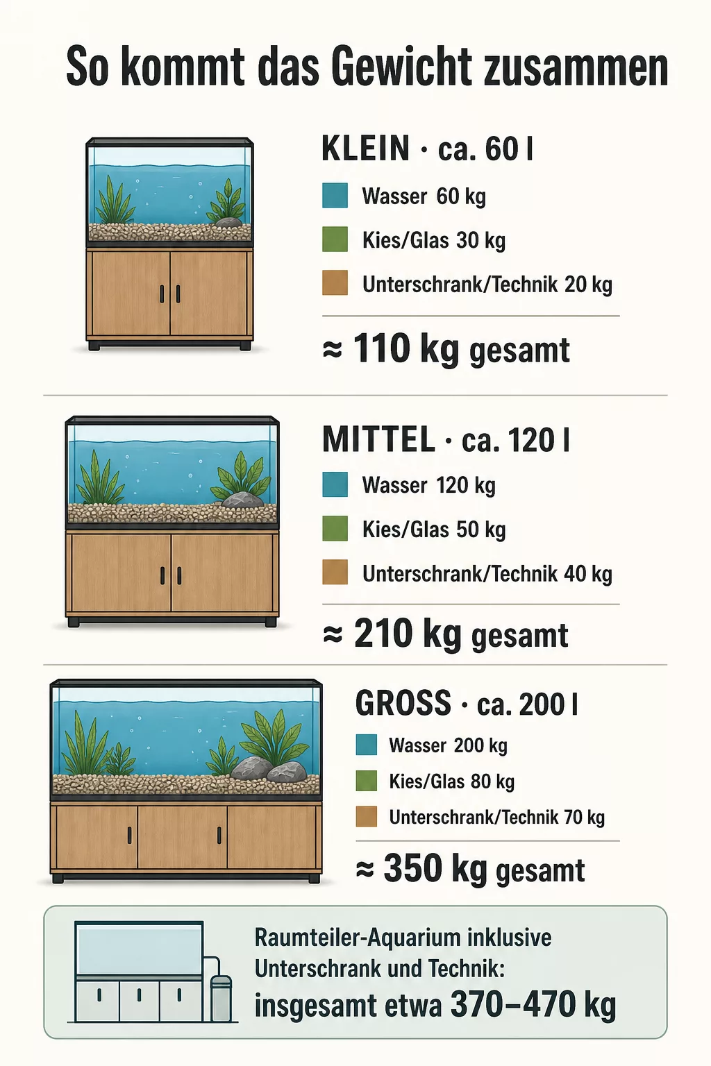 Infografik: Gewicht eines Aquariums als Raumteiler nach Beckengröße