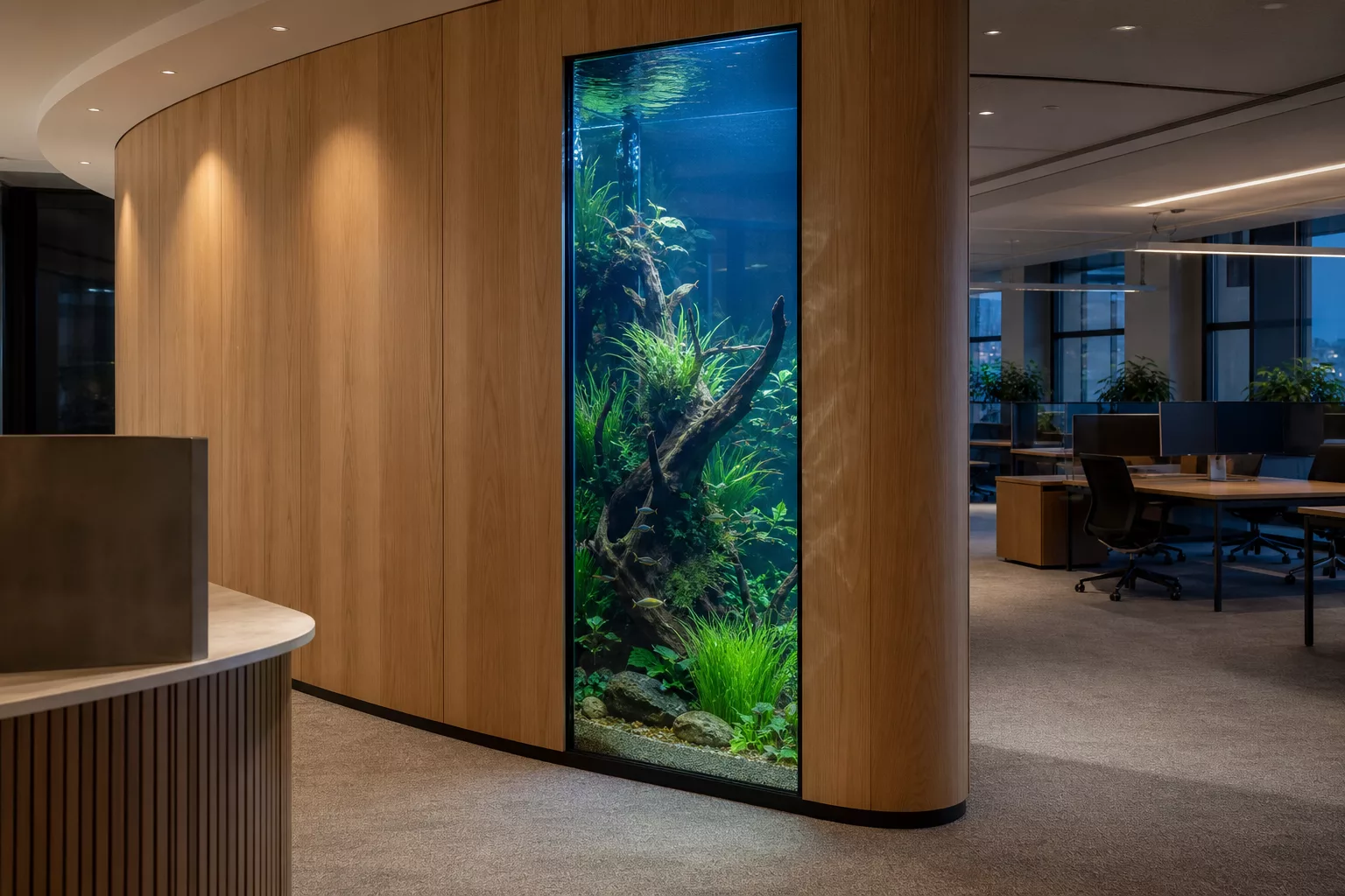 Modernes Büro mit Aquarium als raumhohe Trennwand am Empfang