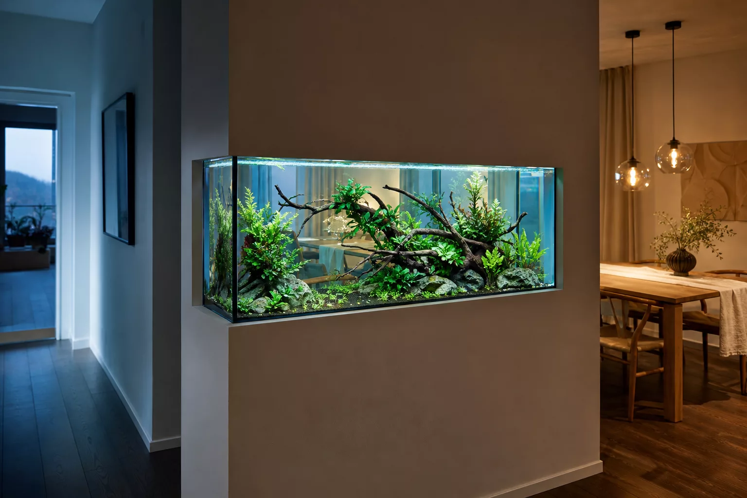 Raumteiler mit Aquarium in offener Wandnische, beidseitig transparent