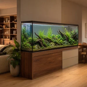 Aquarium als Raumteiler zwischen Wohn- und Essbereich, beidseitig durchsichtig