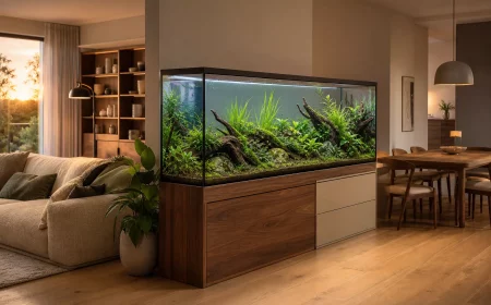 Aquarium als Raumteiler zwischen Wohn- und Essbereich, beidseitig durchsichtig
