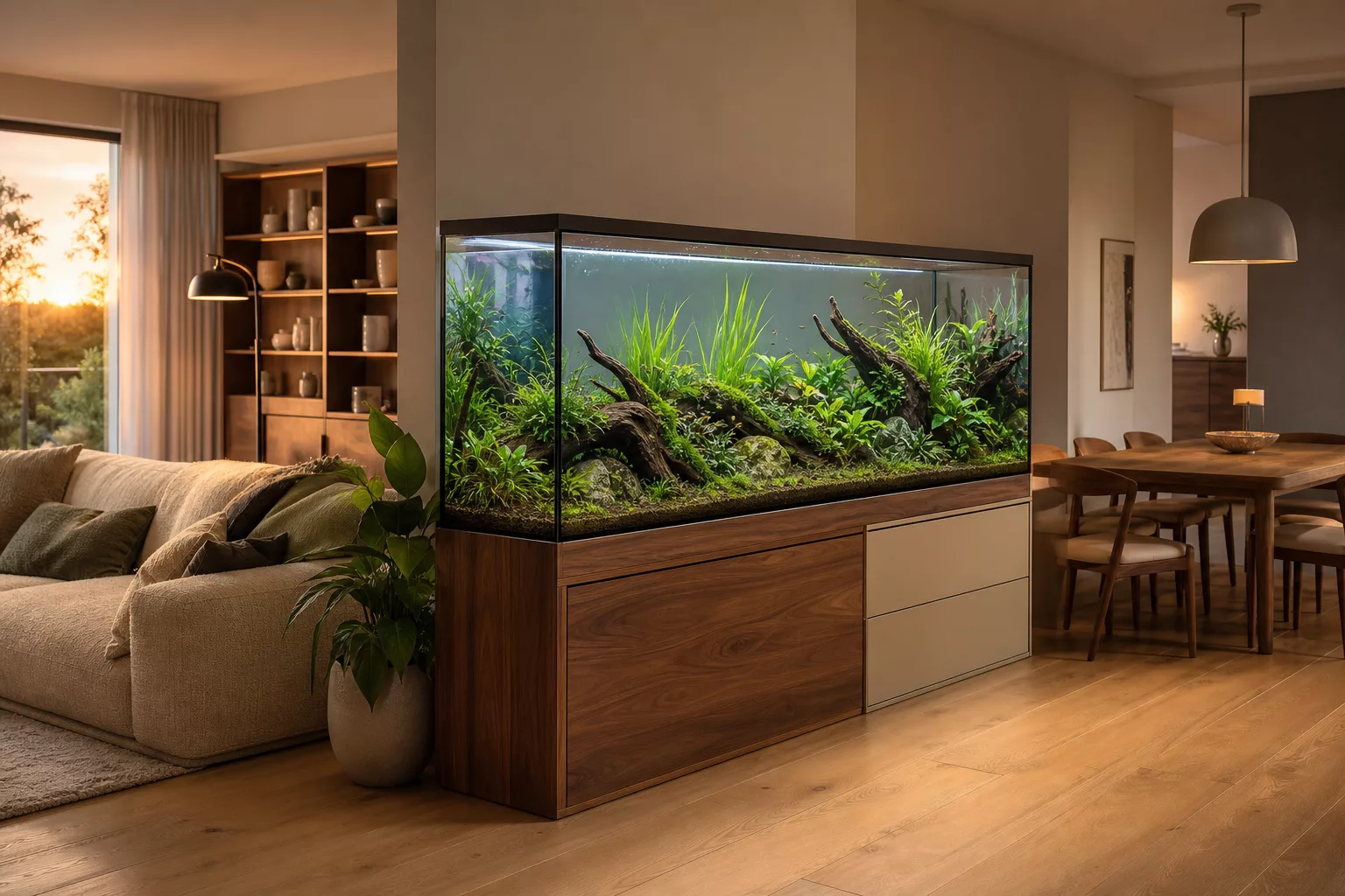 Aquarium als Raumteiler zwischen Wohn- und Essbereich, beidseitig durchsichtig
