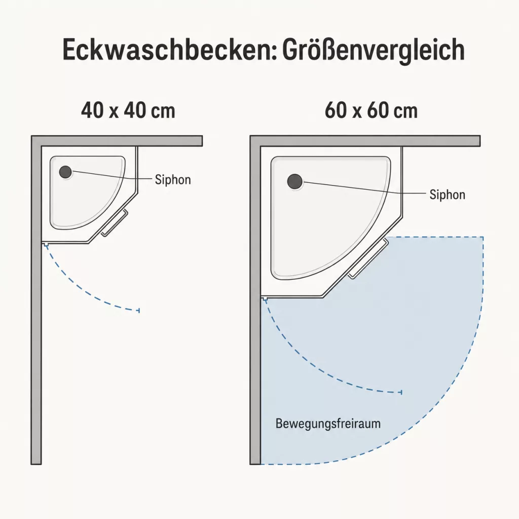 Grundrissvergleich für Eckwaschbecken: 40x40 und 60x60 Zentimeter