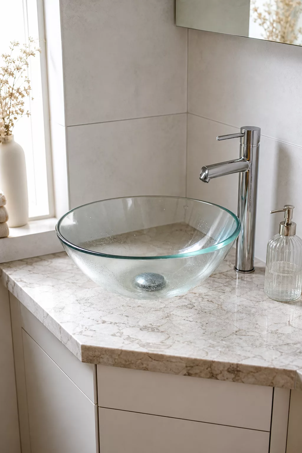 Glas-Aufsatzbecken auf Marmor-Optik-Eckplatte im Badezimmer